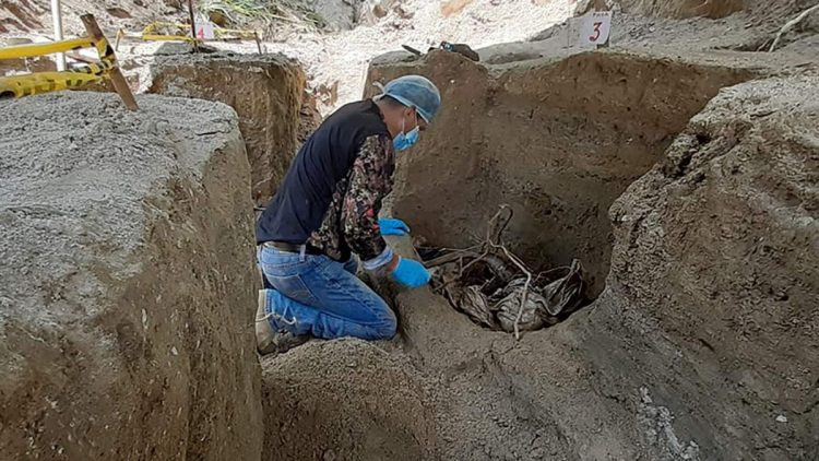 Personal de la Fiscalía trabajando en un cementerio clandestino recuperando cuerpos.