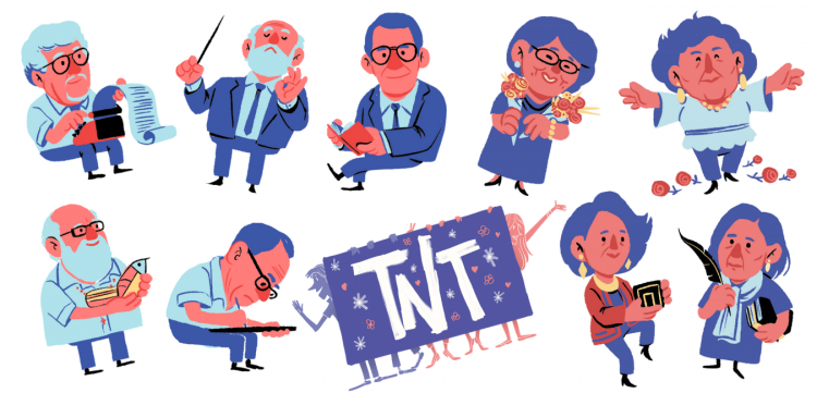 Destacamos a cinco hombres y a cuatro mujeres, todos artistas galardonados con el Premio Nacional de Cultura. Así como a TNT, la entidad ganadora en 2020. Ilustriaciones Karla Zepeda