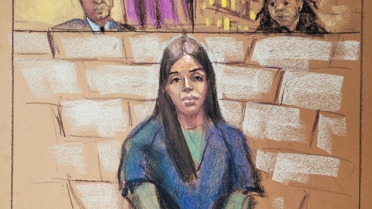 Emma Coronel Aispuro, la esposa del jefe del cartel de la droga mexicano Joaquín "El Chapo" Guzmán, comparece ante el juez magistrado de Estados Unidos Robin Meriweather. Washington, DC, el 23 de febrero de 2021 boceto de la sala de audiencias.