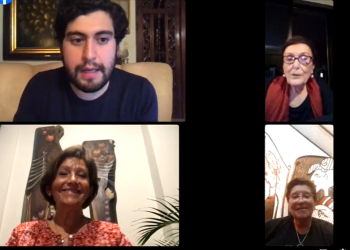 Tres grandes exponentes de las artes plásticas de El Salvador conversan de manera virtual. De arriba hacia abajo: Juan Santiago Martínez, curador del Museo Forma, Nicole Schwartz, Negra Álvarez Licry Bircard.
