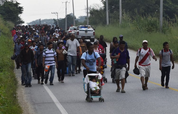 Migrantes en caravana rumbo a Estados Unidos, caminan en Nuevo Morelos, municipio Jesús Carranza, estado de Veracruz, México, el 18 de noviembre de 2021. FOTO / AFP