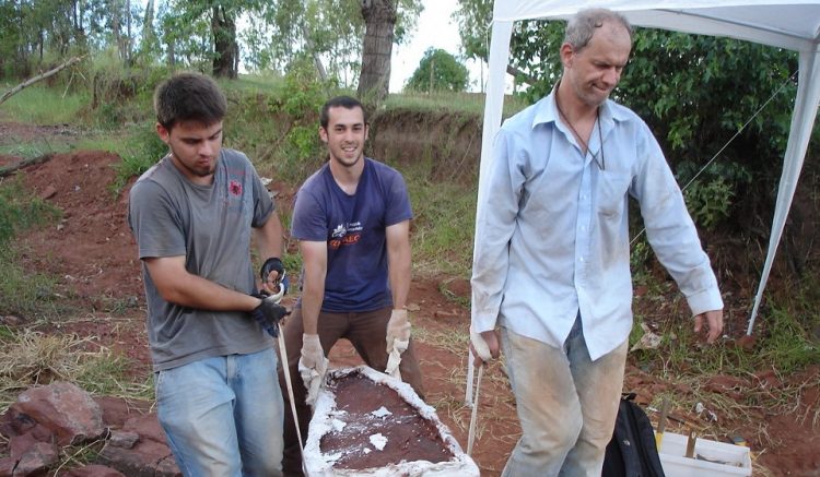 Esta fotografía distribuida publicada por el Museo Nacional de Río de Janeiro el 1 de enero de 2013, muestra a los arqueólogos recuperando un fósil de una nueva especie de dinosaurio descubierto en Cruzeiro do Oeste, Brasil. FOTO / AFP