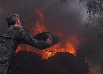 Ministro de Defensa y elementos de la Fuerza Armada ayudan a sofocar incendio en Acajutla