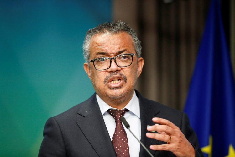 World Health Organization Tedros Adhanom Ghebreyesus gives a statement on the coronavirus disease (COVID-19) vaccination on the second day of a European Union (EU) African Union (AU) summit at The European Council Building in Brussels on February 18, 2022. (Photo by JOHANNA GERON / POOL / AFP)