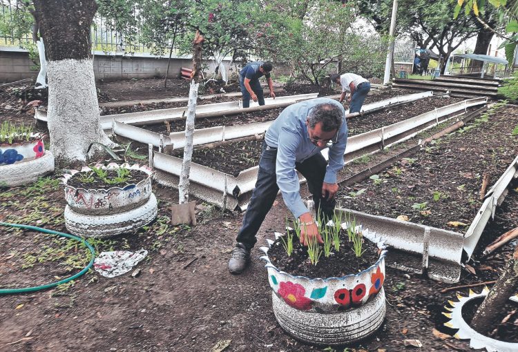 En el huerto utilizaron algunos recursos reciclados, como duralita y llantas, con el objetivo de mostrar que se puede usar cualquier insumo.