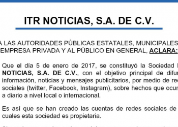 ITR Noticias, S.A. de C.V. denuncia creación de cuentas falsas a su nombre en redes sociales