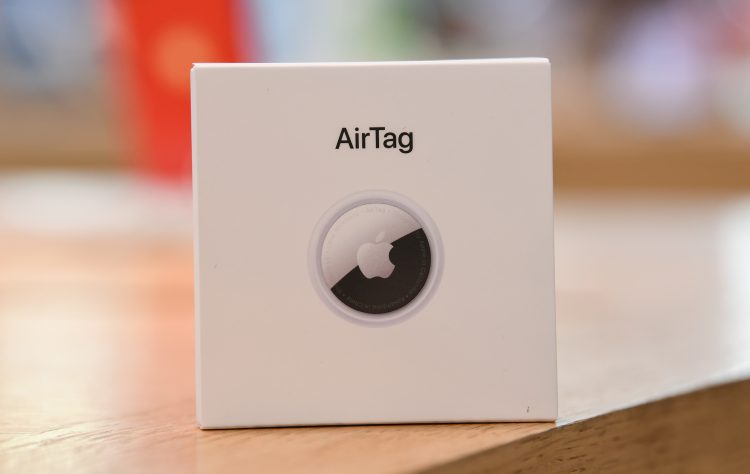 SYDNEY, AUSTRALIA - APRIL 30: A boxed AirTag on display at the Apple Store George Street on April 30, 2021 in Sydney, Australia. Apple's latest accessory, the AirTag is a small device that helps people keep track of belongings, using Apple's Find My network to locate lost items like keys, wallet, or a bag. (Photo by James D. Morgan/Getty Images)
