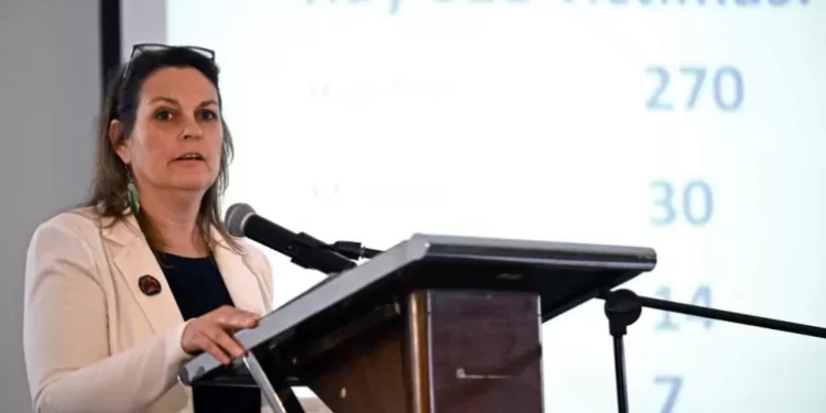 La representante en Colombia del Alto Comisionado de las Naciones Unidas para los Derechos Humanos, Juliette de Rivero, presentó el informe sobre la situación en Colombia. Foto:  AFP