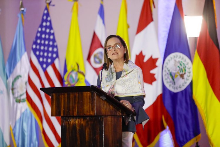 La canciller Alexandra Hill Tinoco expuso el 16 de febrero lo logros de El Salvador a los diplomáticos acreditados en el país.