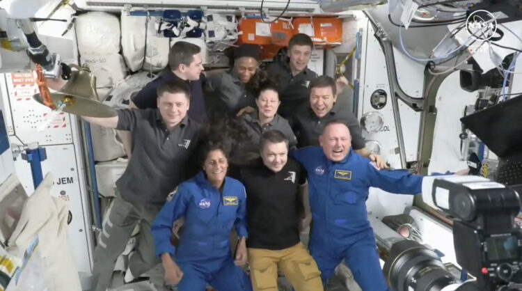 This screengrab from NASA shows astronaut Suni Williams (seated L) and Butch Wilmore (seated R) posing with the crew of the International Space Station (ISS) after the docking of the Boeing Starliner on June 6, 2024. A Boeing Starliner capsule carrying its first ever NASA astronauts docked with the International Space Station on Thursday after overcoming some challenges affecting its propulsion system. (Photo by Handout / NASA / AFP) / RESTRICTED TO EDITORIAL USE - MANDATORY CREDIT "AFP PHOTO / NASA" - NO MARKETING NO ADVERTISING CAMPAIGNS - DISTRIBUTED AS A SERVICE TO CLIENTS / The erroneous mention appearing in the metadata of this photo by Handout has been modified in AFP systems in the following manner: [after the docking of the Boeing Starliner] instead of [after the docking of the SpaceX Starship]. Please immediately remove the erroneous mention[s] from all your online services and delete it from your servers. If you have been authorized by AFP to distribute it to third parties, please ensure that the same actions are carried out by them. Failure to promptly comply with these instructions will entail liability on your part for any continued or post notification usage. Therefore we thank you very much for all your attention and prompt action. We are sorry for the inconvenience this notification may cause and remain at your disposal for any further information you may require.